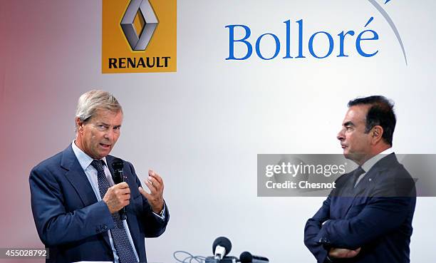 The CEO of French carmaker Renault, Carlos Ghosn and French industrial group Bollore head Vincent Bollore give a press conference at the Atelier...