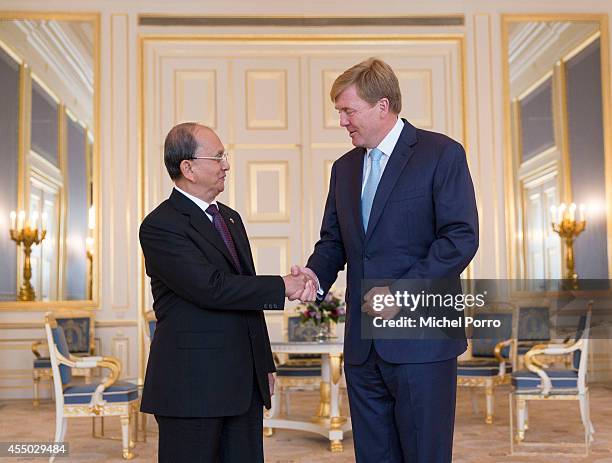 President of Myanmar Thein Sein is received by King Willem-Alexander of The Netherlands at the Noordeinde Palace on September 9, 2014 in The Hague,...