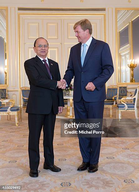 President of Myanmar Thein Sein is received by King Willem-Alexander of The Netherlands at the Noordeinde Palace on September 9, 2014 in The Hague,...