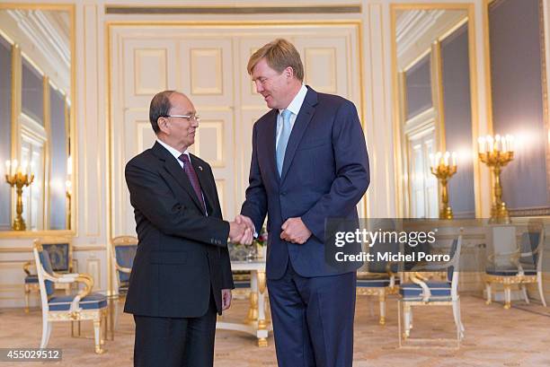 President of Myanmar Thein Sein is received by King Willem-Alexander of The Netherlands at the Noordeinde Palace on September 9, 2014 in The Hague,...