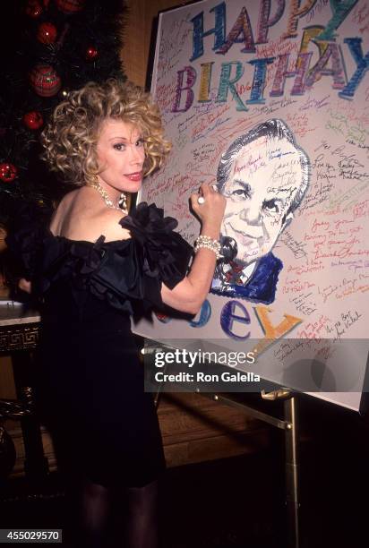 Comedienne Joan Rivers attends Joey Adams' 80th Birthday Party on January 7, 1991 at the New York Helmsley Hotel in New York City.