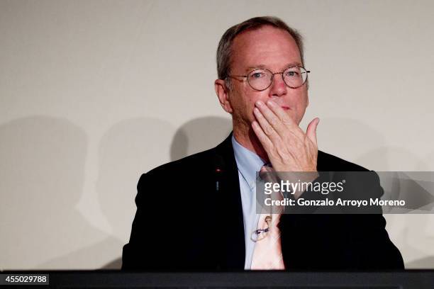 Google Chairman Eric Schmidt cover his mouth during an advisory council about The Right to be Forgotten at Casa de America on September 9, 2014 in...