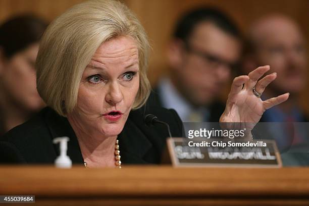 Sen. Claire McCaskill questions witnesses about military equipment given to local law enforcement departments by the federal government during a...