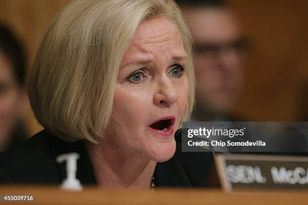 Sen. Claire McCaskill questions witnesses about military equipment given to local law enforcement departments by the federal government during a...