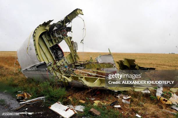 Photo taken on September 9, 2014 shows part of the Malaysia Airlines Flight MH17 at the crash site in the village of Hrabove , some 80km east of...