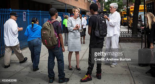 Zephyr Teachout, a democratic primary challenger to New York Governor Andrew Cuomo, greets voters outside a voting station at Public School 153 on...