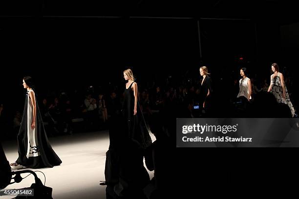 General view of the atmosphere as models walk the runway at the Noon By Noor fashion show during Mercedes-Benz Fashion Week Spring 2015 at The Salon...