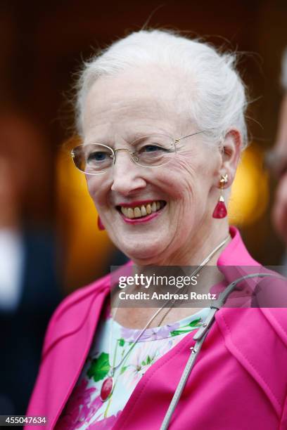 Queen Margrethe II of Denmark arrives for a reception at the Berlin State Parliament building after she opened an exhibition about the Vikings at...