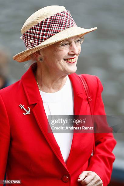 Queen Margrethe II of Denmark smiles upon her arrival to board the remake of a Viking ship on September 9, 2014 in Berlin, Germany. Queen Margrethe...