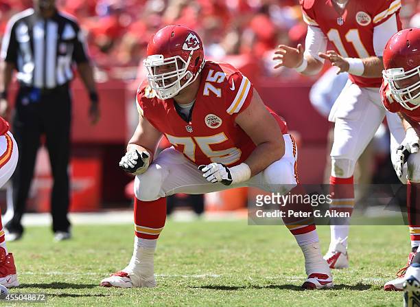 Offensive guard Mike McGlynn of the Kansas City Chiefs gets set against the Tennessee Titans during the second half on September 7, 2014 at Arrowhead...