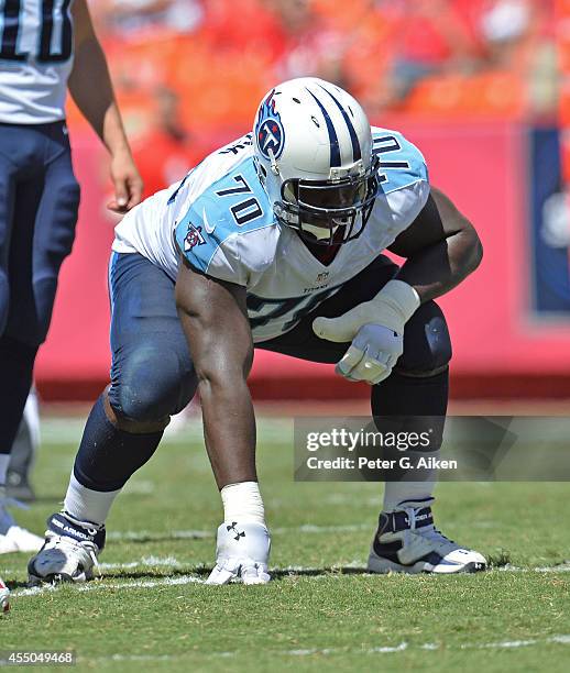 Offensive guard Chance Warmack of the Tennessee Titans gets set against the Kansas City Chiefs during the first half on September 7, 2014 at...