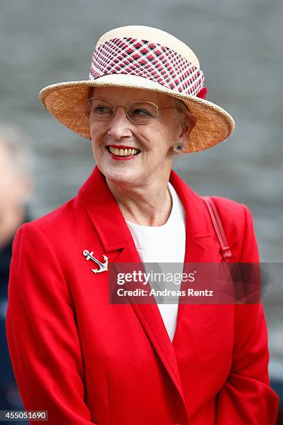 Queen Margrethe II of Denmark smiles upon her arrival to board the remake of a Viking ship on September 9, 2014 in Berlin, Germany. Queen Margrethe...