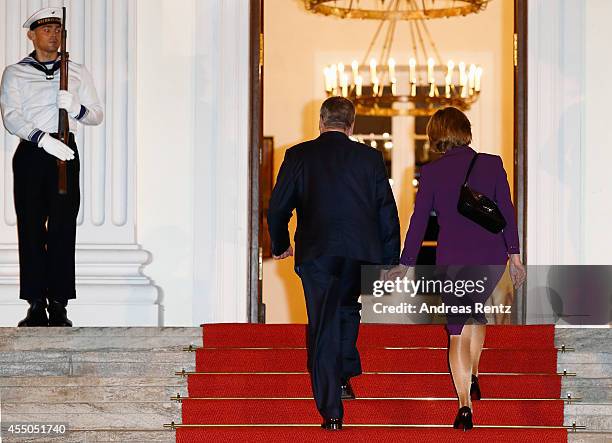 German President Joachim Gauck and German First Lady Daniela Schadt arrive for a dinner at Bellevue Palace after Queen Margrethe II of Denmark opened...