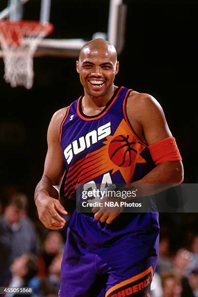 Charles Barkley of the Phoenix Suns smiles against the Denver Nuggets circa 1994 at the McNichols Sports Arena in Denver, Colorado. NOTE TO USER:...