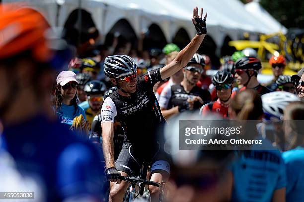 Cycling legend Jens Voigt waves to fans before the start of his final USA Pro Challenge. The USA Pro Challenge stage 7 on Sunday, August 24, 2014.
