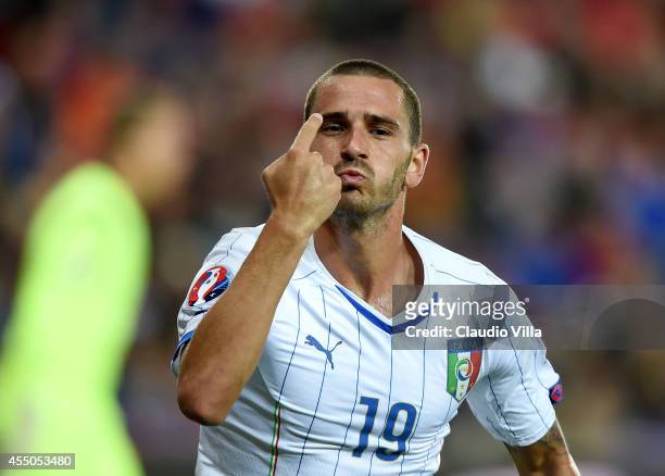 Leonardo Bonucci of Italy celebrates during the UEFA EURO 2016 qualifier match between Norway and Italy at Ullevaal Stadion on September 9, 2014 in...