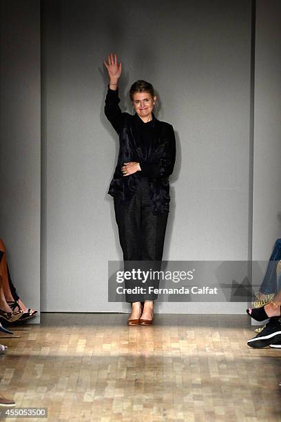 Designer Jenny Packham walks the runway at the Jenny Packham fashion show during Mercedes-Benz Fashion Week Spring 2015 on September 9, 2014 in New...