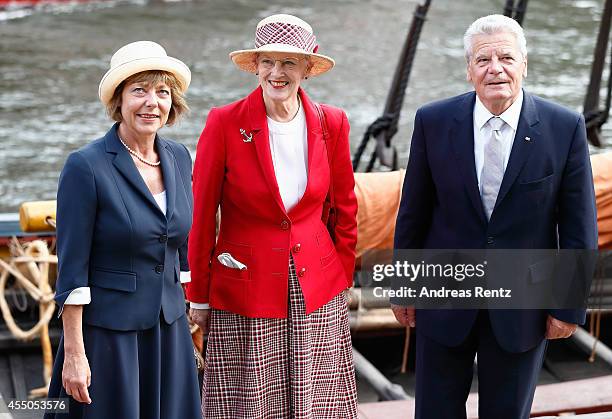 Queen Margrethe II of Denmark , German President Joachim Gauck and German First Lady Daniela Schadt look on upon their arrival to board the remake of...