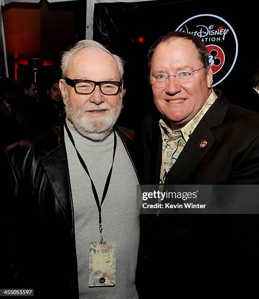Burny Mattinson, storyboard artist, Winnie The Pooh and John Lasseter, Chief Creative Officer, Pixar and Walt Disney Animation Studios pose at a...