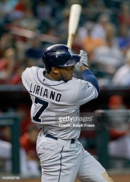 Rymer Liriano of the San Diego Padres swings at a pitch against the Arizona Diamondbacks during the fifth inning of a MLB game at Chase Field on...