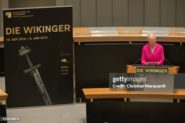 Queen Margrethe II of Denmark speaks ahead of 'Die Wikinger' exhibition opening at Martin-Gropius-Bau on September 9, 2014 in Berlin, Germany.