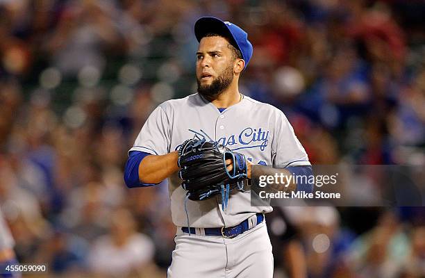 Kelvin Herrera of the Kansas City Royals at Globe Life Park in Arlington on August 22, 2014 in Arlington, Texas.