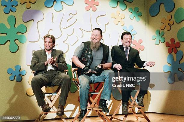 Episode 856 -- Pictured: Actors David Chockachi, Mickey Jones, and Jerry Mathers during the "Dating Game" segment on February 5, 1996 --