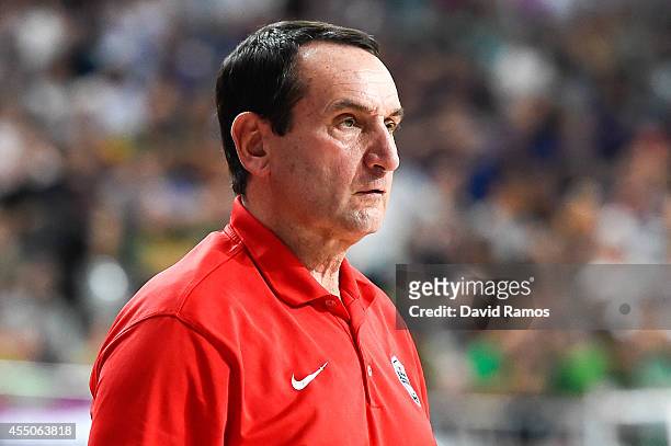 Head coach Mike Krzyzewski of the USA Basketball Men's National Team looks on during 2014 FIBA Basketball World Cup quarter-final match between...