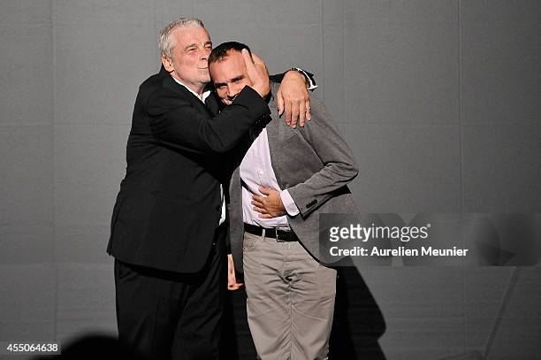 Jacques Weber and Dino Mustafic pose onstage during the 'Hotel Europe' Premiere at Theatre de L'Atelier on September 9, 2014 in Paris, France.