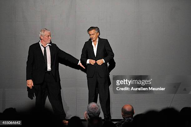 Jacques Weber and Bernard-Herni Levy pose onstage during the 'Hotel Europe' Premiere at Theatre de L'Atelier on September 9, 2014 in Paris, France.