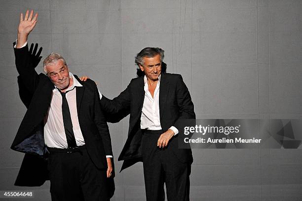 Jacques Weber and Bernard-Herni Levy pose onstage during the 'Hotel Europe' Premiere at Theatre de L'Atelier on September 9, 2014 in Paris, France.