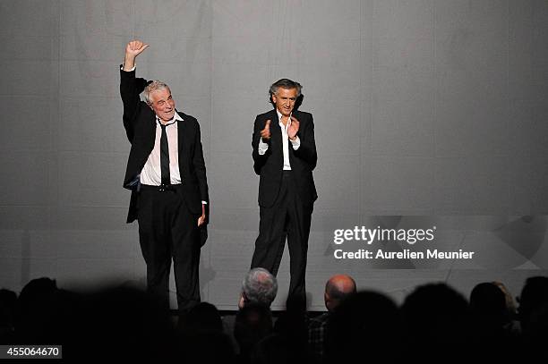 Jacques Weber and Bernard-Herni Levy pose onstage during the 'Hotel Europe' Premiere at Theatre de L'Atelier on September 9, 2014 in Paris, France.