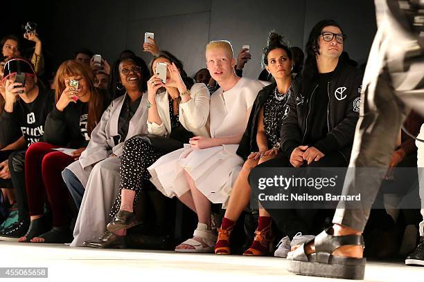 Perez Hilton, Jerzey Dean, Whoopi Goldberg, Stacy London, Shaun Ross, Ally Hilfiger, and Skrillex attend the Skingraft fashion show during...