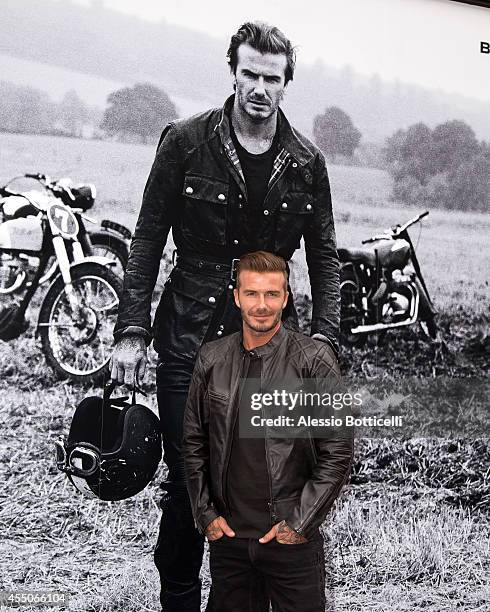 David Beckham is seen making an appearance at Belstaff store on Madison Avenue on September 9, 2014 in New York City.