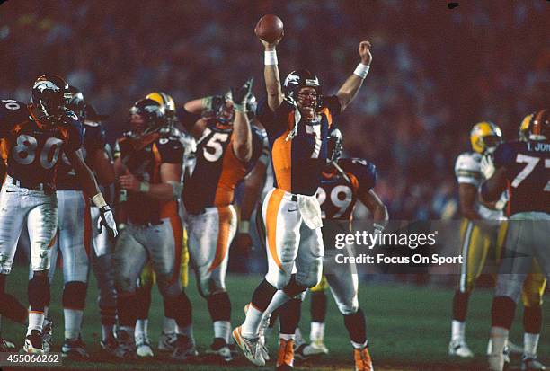 John Elway of the Denver Broncos celebrates defeating the Green Bay Packers in Super Bowl XXXII on January 25, 1998 at Qualcomm Stadium in San Diego,...