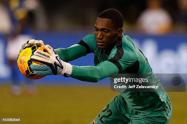 Alexander Dominguez of Ecuador grabs the ball against Brazil during their match at MetLife Stadium on September 9, 2014 in East Rutherford, New...