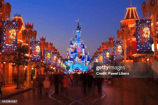 Main Street USA and Sleeping Beauty Castle at Disneyland Resort Paris during Christmas Celelbrations.