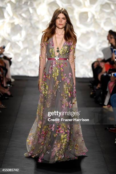 Model walks the runway at the Naeem Khan fashion show during Mercedes-Benz Fashion Week Spring 2015 at The Theatre at Lincoln Center on September 9,...