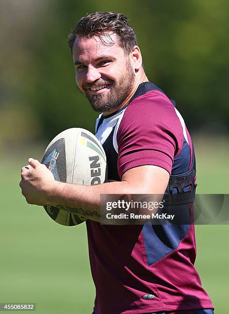 Anthony Watmough smiles during a Manly Sea Eagles NRL training session at the Sydney Academy of Sport on September 10, 2014 in Narrabeen, Australia.