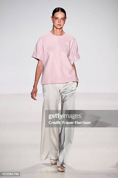 Model walks the runway at the Pamella Roland fashion show during Mercedes-Benz Fashion Week Spring 2015 at The Salon at Lincoln Center on September...