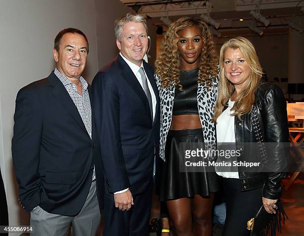 Mark Locks, Bill Brand, Serena Williams and Mindy Grossman pose for a photo backstage at the Serena Williams Signature Statement by HSN fashion show...