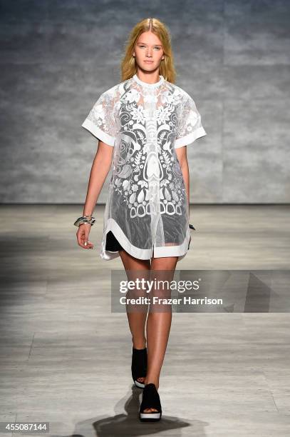 Model walks the runway at the Skingraft fashion show during Mercedes-Benz Fashion Week Spring 2015 at The Pavilion at Lincoln Center on September 9,...