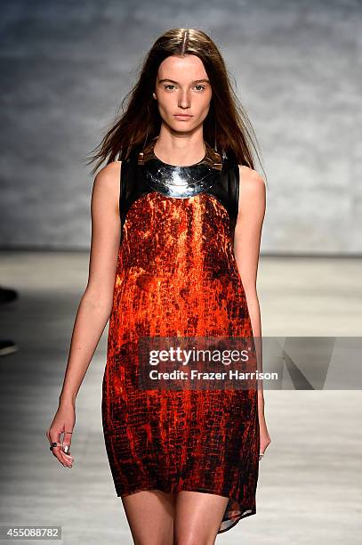 Model walks the runway at the Skingraft fashion show during Mercedes-Benz Fashion Week Spring 2015 at The Pavilion at Lincoln Center on September 9,...