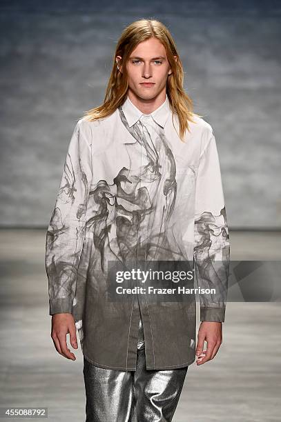 Model walks the runway at the Skingraft fashion show during Mercedes-Benz Fashion Week Spring 2015 at The Pavilion at Lincoln Center on September 9,...