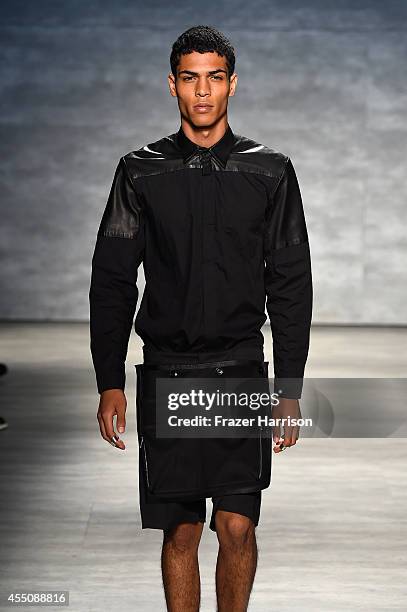 Model walks the runway at the Skingraft fashion show during Mercedes-Benz Fashion Week Spring 2015 at The Pavilion at Lincoln Center on September 9,...