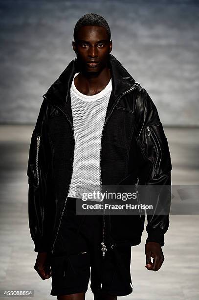 Model walks the runway at the Skingraft fashion show during Mercedes-Benz Fashion Week Spring 2015 at The Pavilion at Lincoln Center on September 9,...