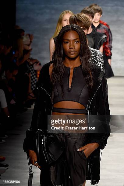 Model walks the runway at the Skingraft fashion show during Mercedes-Benz Fashion Week Spring 2015 at The Pavilion at Lincoln Center on September 9,...