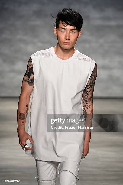 Model walks the runway at the Skingraft fashion show during Mercedes-Benz Fashion Week Spring 2015 at The Pavilion at Lincoln Center on September 9,...