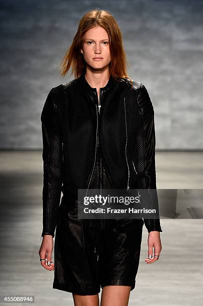 Model walks the runway at the Skingraft fashion show during Mercedes-Benz Fashion Week Spring 2015 at The Pavilion at Lincoln Center on September 9,...