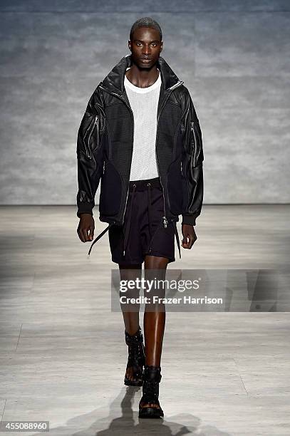 Model walks the runway at the Skingraft fashion show during Mercedes-Benz Fashion Week Spring 2015 at The Pavilion at Lincoln Center on September 9,...